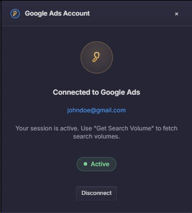 KeywordOrbit connected to a Google Ads account, showing an active session for free Planner-mode search volume